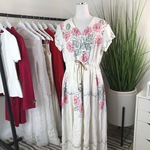Handmade Embroidered Maxi Dress | Size L | White with Pink Flowers | Cottagecore